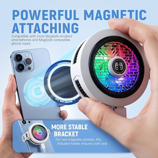 Phone Cooler for Gaming, Low Noise USB Cell Phone Cooler with Smart Temp Control, Phone Cooling Fan with RGB LED Lights, Magnetic Ring & Clip Fan for Phone Gaming & Streaming (White)