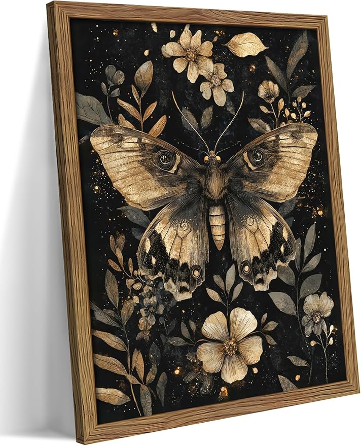 Vintage Moth Canvas Wall Art, Dark Academia Gothic Decor, Insect Botanical Painting, Enchanted Moth Flowers Picture Print, Nature Wall Decor for Living Room Bedroom 8x10 inch Wood Framed