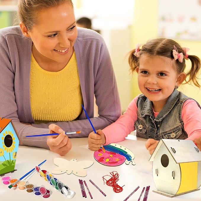 Arts and Crafts for Kids Ages 4-8 8-12, 2 Pack DIY Bird House Wind Chime Kids Crafts, Craft Kits for Girls Boys Toddlers 4-6 6-8, Painting Kits Includes Paints & Brushes
