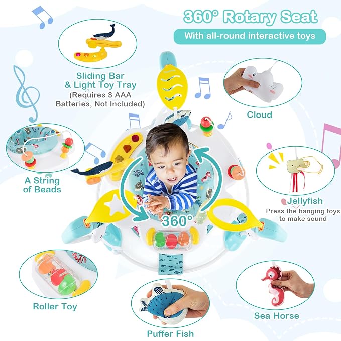 HONEY JOY Baby Bouncer Activity Center, Infant Jumper and Table w/ 360° Rotary Seat, 3 Adjustable Heights, Mat, Music, Lights, Sounds & Developmental Toys, Activity Center for Babies (Light Blue)
