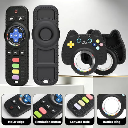 Chuya Baby Toys Baby Remote Control Teething Toys,2 Pack Silicone Teether Rattles for 0 6 12 24 Months Infants, Sensory Development Teething Relief,Black