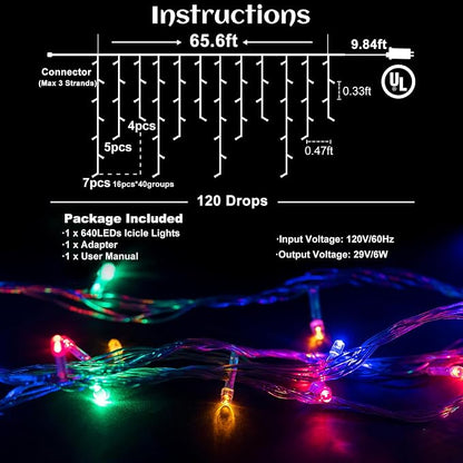Icicle lights Outdoor - 66ft Christmas Lights with 640LED 120 Drops 8 Modes, Plug in Curtain String Lights Waterproof for Holiday Wedding Party Home Garden Bedroom Indoor Outdoor Decoration,Multicolor