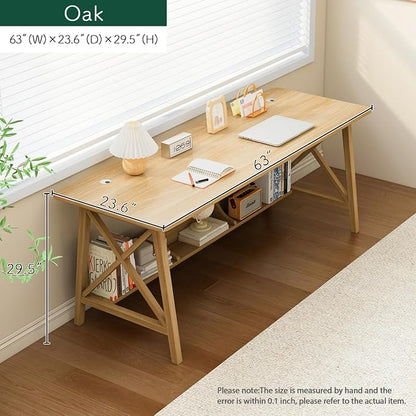 NELYE Extra Long Writing Desk with Bookshelf, 63" Wx24 Dx30 H, Oak | Wooden Home Office Work Study Table, Computer Gaming Workstation with Storage Shelf, Sturdy MDF Resists Wobble