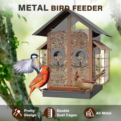 FlowaFoli Bird Feeders for Outdoors, Metal Bird Feeder with Double Suet Cage Weatherproof Metal Roof, 2 in 1 Mixed Seeds Suet Feeder, 4Lbs Large Capacity, Great for Finch、Cardinal、Chickadee（Brown）