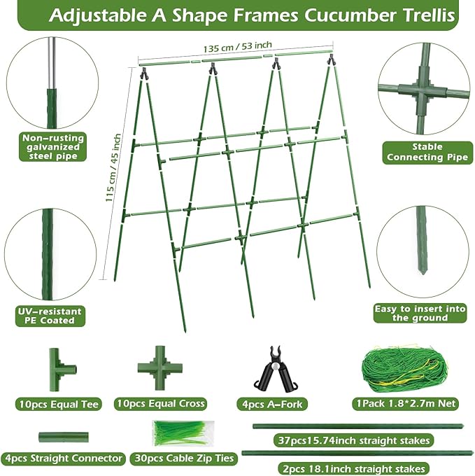 Cucumber Trellis for Raised Beds, 45 x 53 Inch Adjustable Size A-Frame Garden Trellis for Climbing Plant Outdoors with Climbing Net and Plant Support Clip for Vegetable Grape Tomato Bean Pea