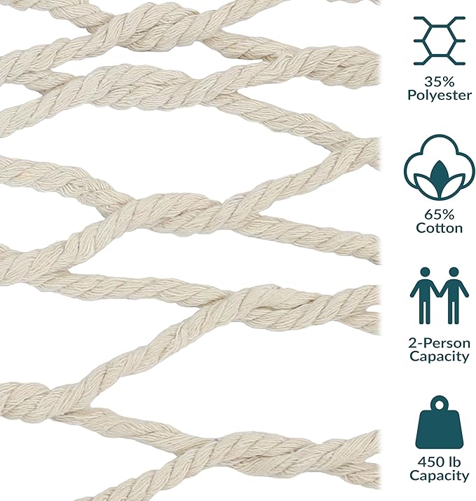 Sunnydaze Cotton Rope Hammock for Outside - 450-Pound Capacity Indoor or Outdoor Hammock with Spreader Bars - Natural