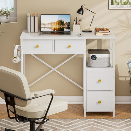 3IngSeagulls Small Computer Desk with 4 Fabric Drawers, Simple Writing Desk for Home Office, Compact Study Desks for Small Spaces, Kids Desk Study for Bedroom, White