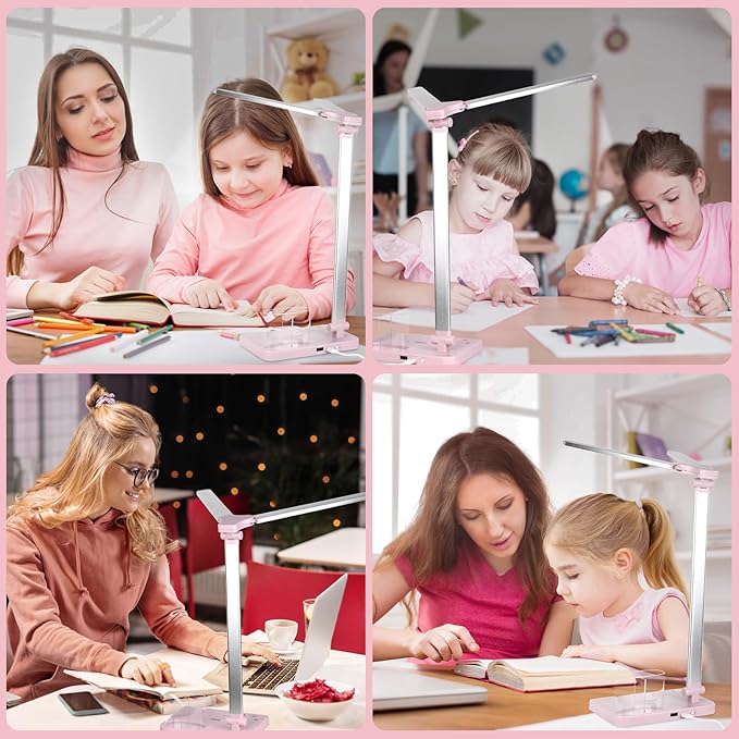 iVict LED Desk Lamp, Adjustable Table Foldable Lamp with USB Charging Port, 25 Lighting Modes, 45-Minute Auto Timer, Dual Swing Arm Desk Light with Pen Holde for Home Office/Study(Pink)