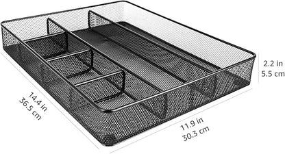 Amazon Basics Mesh Desk Drawer Organizer with 6 Compartments, Non-Slip Office Supplies Storage for Pens and Accessories, Black | Pack of 4