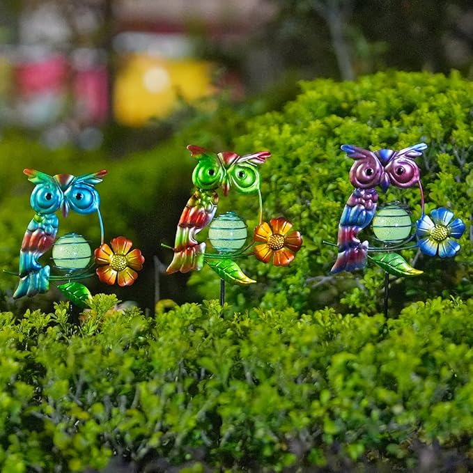 Set of 3 Owl Decorative Garden Stakes,Glow in The Dark Metal Yard Art,Waterproof Stakes Decorative for Outside,Metal Garden Decor for Mom,Women,Yard Lover
