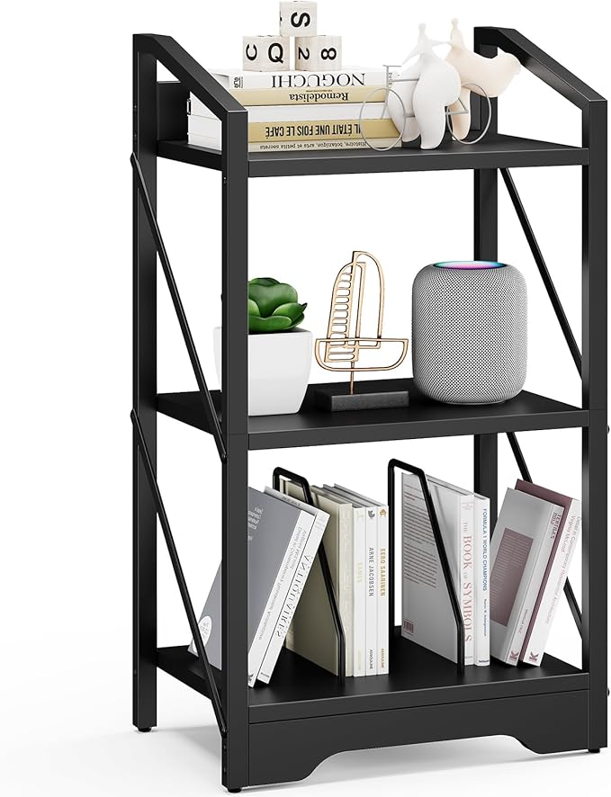 Vagusicc 3 Tier Bookshelf, Small Book Shelf Industrial Bookshelf, Wood Short Book Shelf Office Shelves with Metal Frame, Black Open Shelf Storage Organizer Bookcase for Living Room Bedroom, Black