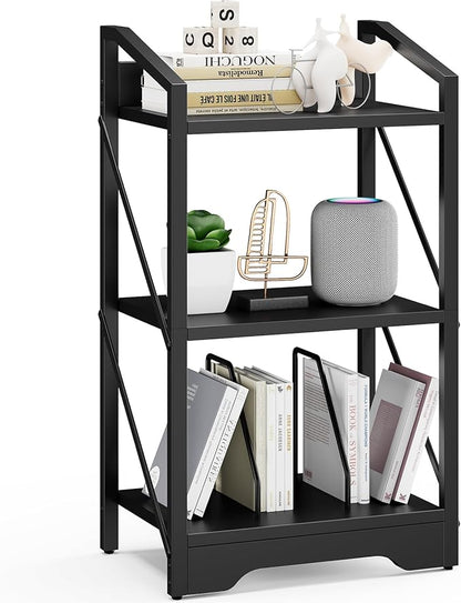 Vagusicc 3 Tier Bookshelf, Small Book Shelf Industrial Bookshelf, Wood Short Book Shelf Office Shelves with Metal Frame, Black Open Shelf Storage Organizer Bookcase for Living Room Bedroom, Black
