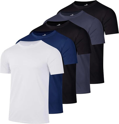 5 Pack Men's Dry Fit Short Sleeve T-Shirt Gym Workout Athletic Running Tee | Cooling, Moisture-Wicking, Crew Neck, Quick-Dry, Breathable, Active, Exercise, Fitness, Basketball, Cycling, Hiking, Tennis