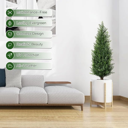 3FT Artificial Cedar Topiary Trees with Ground Spike, Set of 2 UV Resistant Fake Evergreen Bushes Shrubs Trees Artificial Plants Realistic Faux Cypress Plants for Indoor Outdoor Front Porch Garden