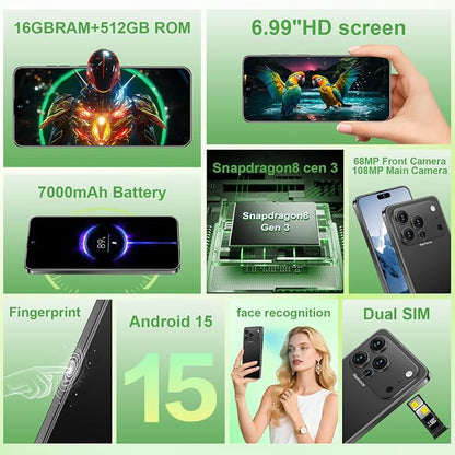 17 PMAX Unlocked Cell Phone,16GB+512GB Smartphone,6.99" HD Screen Android 15 5G Phones,Battery 7000mAh Android The Phone,Fingerprint Button Unlock/GPS/Face ID/Dual SIM/5G (Black)