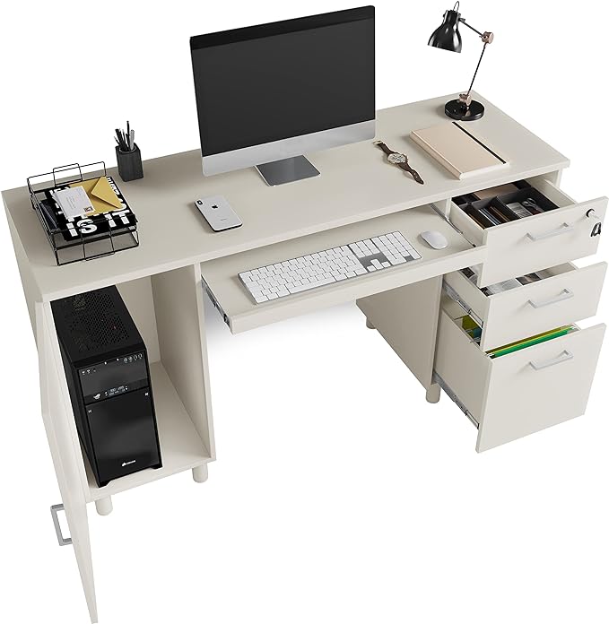 Modern Design By Crafts & comfort Venice Computer Desk - Office Desk with 3 Drawers & CPU Storage Cabinet - Laptop Workstation with Keyboard Tray & Cable Hole - Home & Office Supplies -White