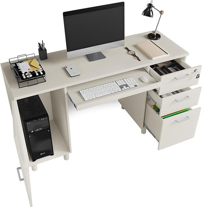 Modern Design By Crafts & comfort Venice Computer Desk - Office Desk with 3 Drawers & CPU Storage Cabinet - Laptop Workstation with Keyboard Tray & Cable Hole - Home & Office Supplies -White