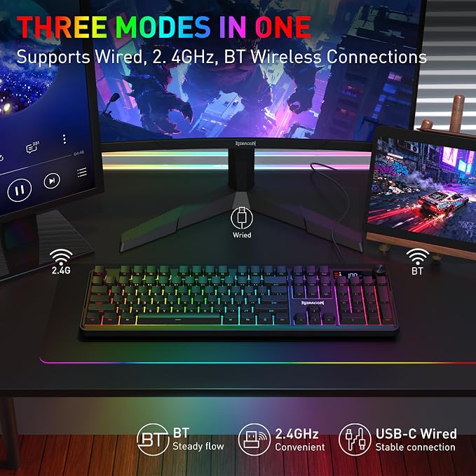 Redragon K526 PRO Wireless RGB Membrane Gaming Keyboard, LED Screen & Knob | See Battery, Mode & Time at a Glance, 0-Delay Tri-Mode, One-Touch Backlit & Media Adjust, 26-Key Anti-Ghost for Combo-Strike