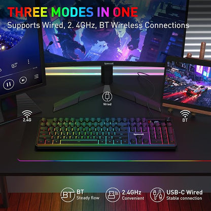 Redragon K526 PRO Wireless RGB Membrane Gaming Keyboard, LED Screen & Knob | See Battery, Mode & Time at a Glance, 0-Delay Tri-Mode, One-Touch Backlit & Media Adjust, 26-Key Anti-Ghost for Combo-Strike