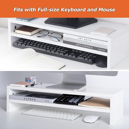 BEYGORM Monitor Stand Riser White, 21.6 inch 2 Tiers Wood Desk Shelf Computer Screen Stand with Storage for Desktop Laptop/Screen/TV/PC/Printer, Desk Shelf Organizer 21.6" L x 7.8" W x 5.2" H | For Full Keyboard, Computer Screen Stand with Storage for ...