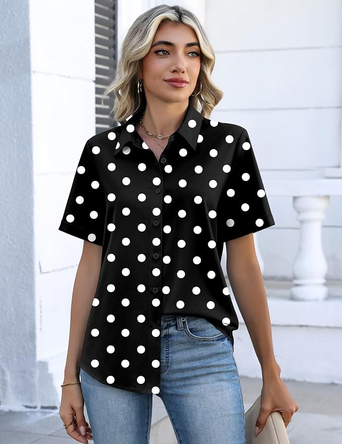 Zeagoo Button Down Shirts for Women Short Sleeve Collared Tops Dressy Casual V Neck Blouses