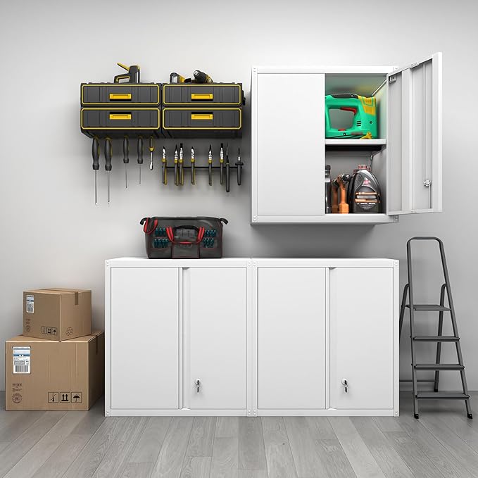 GREATMEET Metal Wall Cabinet, Wall Mounted Storage Cabinet with Lock for Garage Storage, White Floating Cabinet with Doors and Adjustable Shelf for Utility Room