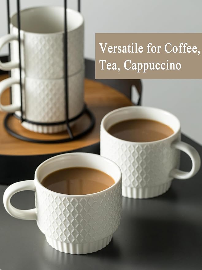 Gomakren Stackable 13oz Coffee Mugs Set of 4 with Stand & Spoons, White | Large Capacity for Cappuccino Coffee Milk Tea Drinks | Embossed Stoneware Mugs, Black Metal Rack, Microwave/Dishwasher Safe