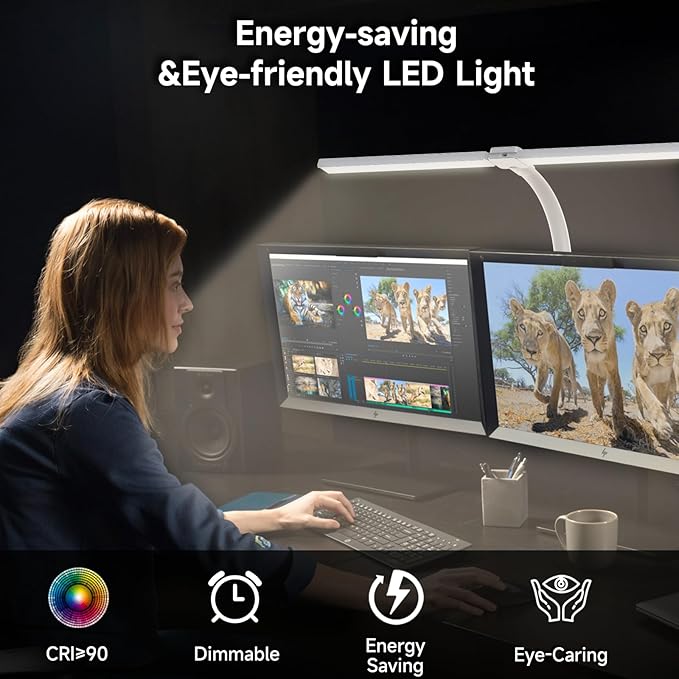 SKYLEO Desk Lamp - Double Head LED Desk Light for Home office - 24W Eye Caring - Touch Control - 5 Color Modes X 11 Brightness Levels - 2400LM - Timmer & Memory Function - White