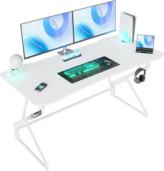 CubiCubi Simple Gaming Desk Z Shaped 40 inch Gamer Workstation, Home Computer Carbon Fiber Surface Gaming Desk PC Table with Headphone Hook, White