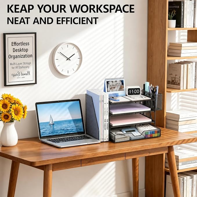OPNICE Desk Organizers and Accessories, 4-Tier Desktop File Organizer with Drawer and Pen Holders, Office Desk Accessories Workspace Organizers for Office Supplies (Black)
