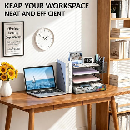 OPNICE Desk Organizers and Accessories, 4-Tier Desktop File Organizer with Drawer and Pen Holders, Office Desk Accessories Workspace Organizers for Office Supplies (Black)
