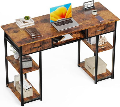 47 Inch Computer Desk with 2 Drawers, Home Office Desk with Wooden Shelves, Study Writing PC Table for Small Spaces, Bedroom, Dorm or Living Room, Rust