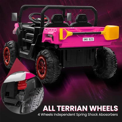 24V 4WD Ride on Truck Car w/4X200W Motor, Dump Bed, Gift Flower, 2 Seaters, Remote Control, 4 Wheeler, LED Light, Music, 24 Volt Ride on Toys for Big Kids Girls 3-8, Pink