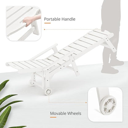 LUE BONA Chaise Lounge Chair with Table, 3-Piece, HDPS Chaise Lounger, 5 Positions Adjustable Lounge Chairs, Pool Lounge Chair with Wheels for Poolside, Backyard, White