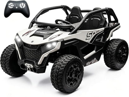 sopbost XL 24V Real 2 Seater Kids UTV Ride-On Car with Remote Control 4x4 4WD Electric Vehicle for Kids 3-8 to Drive, Bluetooth Music, 4 Spring Suspension, 21.85" Spacious Seat - White