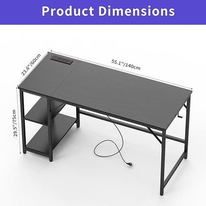 Computer Desk, 55 inches desk with 2 Shelves, Home Office Desk with USB/Type-C Charging Ports & Power Outlets, Study Table for Adults, Black