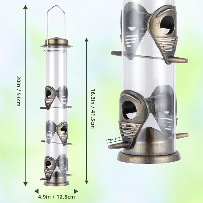 MIXXIDEA 2PK Metal Bird Feeders with 6 Feeding Ports,Tube Bird Feeder with Steel Hanger,Hard Plastic Wild Bird Feeder for Outdoors Hanging, Attracting Birds in Your Lawn, Garden, Balcony (Bronze)