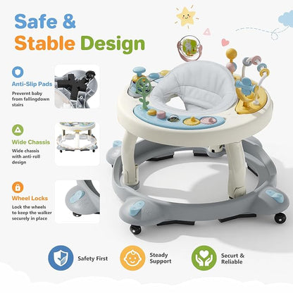 Baby Walker with Wheels, Foldable Baby Walker for Baby 6-12 Months, 3-Position Rotating Seat with Interactive Activity Center, Music Buttons, Baby Walkers for Boys Girls(Blue)