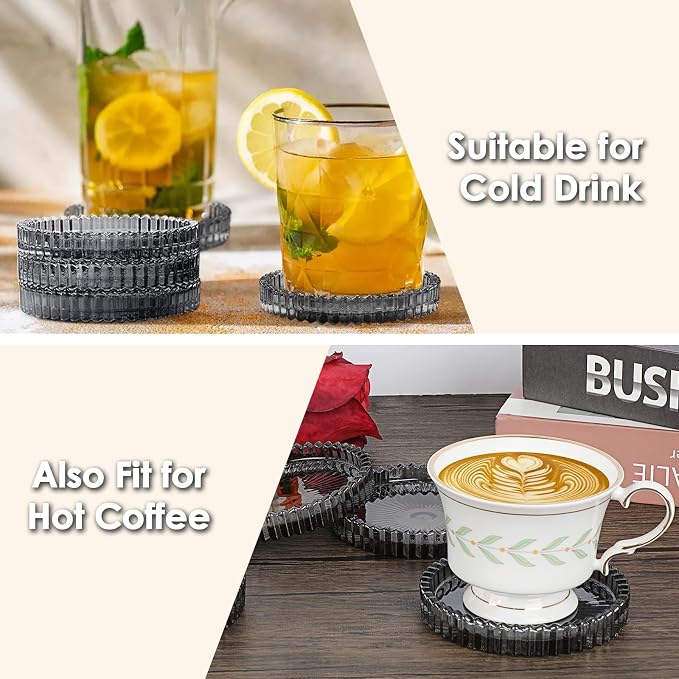 Modern Clear Coaster Set of 5- Glass Coasters for Drinks Crystal Coasters Round Cup Coasters Coffee Table Decor for Office, Kitchen, Bar, Dining Room, Living Room, Patio (Clear Black)