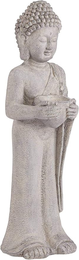 John Timberland Standing Buddha Statue Sculpture Zen Asian Japanese Garden Decor Indoor Outdoor Front Porch Patio Yard Outside Home Balcony House Exterior Lawn Gray Faux Stone Resin 32" Tall