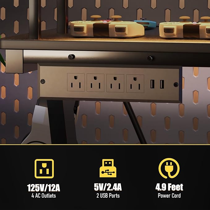 Gaming Desk with Power Outlets & Music Strip Lights,Computer Desk with Large Monitor Stand, PC Laptop Table for Small Spaces, Gamer Workstation with Cup Holder, Headphone Hook for Home Office