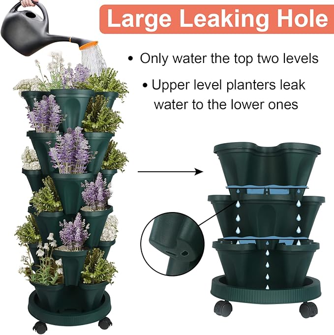 DUNCHATY Stackable Planter, Vertical Garden Planter with Wheels and Tools, Self Watering Strawberry Planter Indoor/Outdoor 4 Tier Herb Planter Pots for Growing Vegetables and Succulents,Pine Green