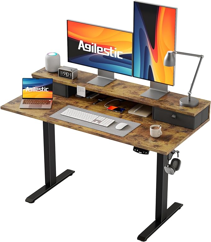 Electric Standing Desk with 2 Drawers, 48 x 24 Inches Height Adjustable Desk, 2 fabric drawers, Rustic Brown