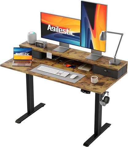 Electric Standing Desk with 2 Drawers, 48 x 24 Inches Height Adjustable Desk, 2 fabric drawers, Rustic Brown
