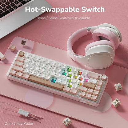 RK ROYAL KLUDGE R65 Wired Mechanical Keyboard with Volume Knob, 60% Percent RGB Backlit Gasket Mount Gaming Keyboard with PBT Keycaps, MDA Profile, QMK/VIA, 66 Keys Hot Swappable Cream Switch, Pink
