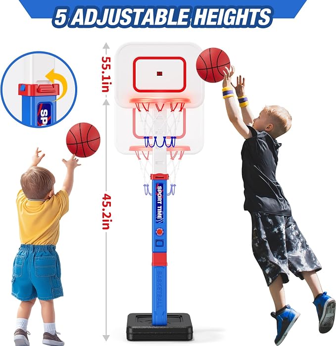 HYES Toddler Basketball Hoop with Scoreboard/LED Basketball Rim/4 Balls, 55" Height Adjustable Basketball Hoop for Kids 3-5, Indoor Outdoor Sport Toys Birthday Gifts for Baby Boys Girls