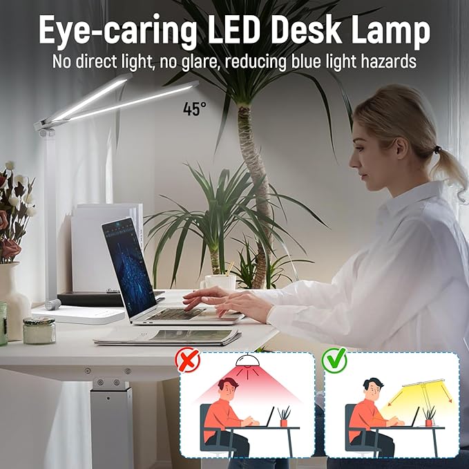 Bright LED Desk Lamp for Home Office - Dual Swing Arm Eye-Caring Architect Task Lamp, Adjustable Foldable Table Lamp, Dimmable Touch Control Desktop Lamp 5 Lighting Modes for Work/Study