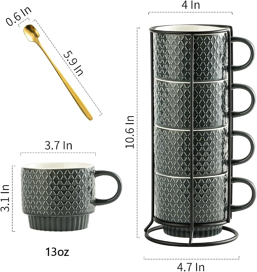 Gomakren Coffee Mugs Set of 4, 13oz Stackable Coffee Cup with Stand, Grey | Stackable Space-Saving, with 4 Spoons | Textured Grey Grid Stoneware Dishwasher Safe, for Coffee Milk Tea Cocoa & Gifting Use