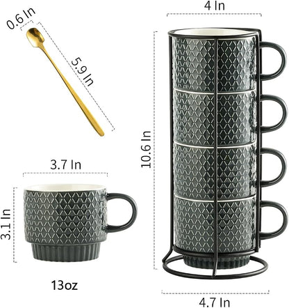 Gomakren Coffee Mugs Set of 4, 13oz Stackable Coffee Cup with Stand, Grey | Stackable Space-Saving, with 4 Spoons | Textured Grey Grid Stoneware Dishwasher Safe, for Coffee Milk Tea Cocoa & Gifting Use