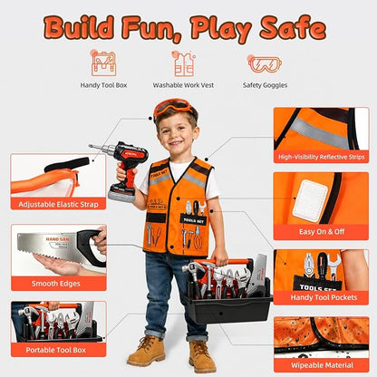 49 PCS Kids Tool Set with Toy Electric Drill, Construction Dress Up Pretend Play Kit with Tool Box, Washable Vest, Goggles & STEM Building Plate, Birthday Gift for Boys Toddlers Age 3 4 5 6 7